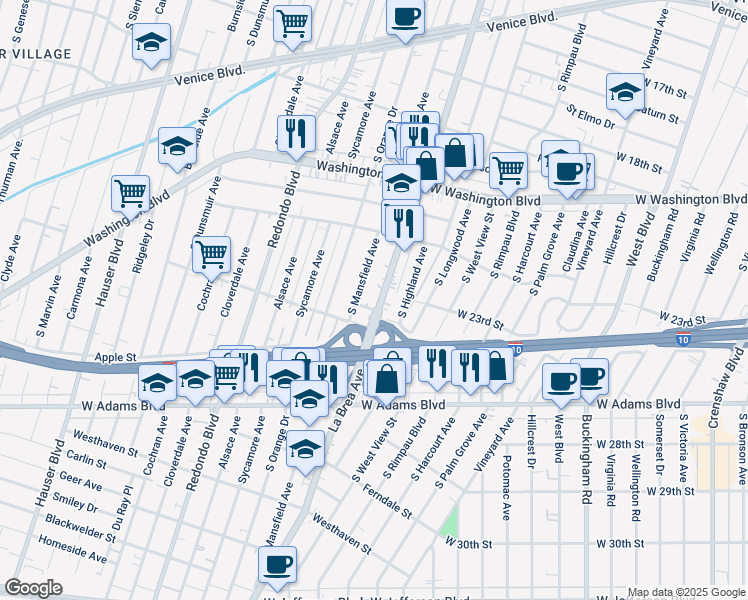 map of restaurants, bars, coffee shops, grocery stores, and more near 2290 South Mansfield Avenue in Los Angeles