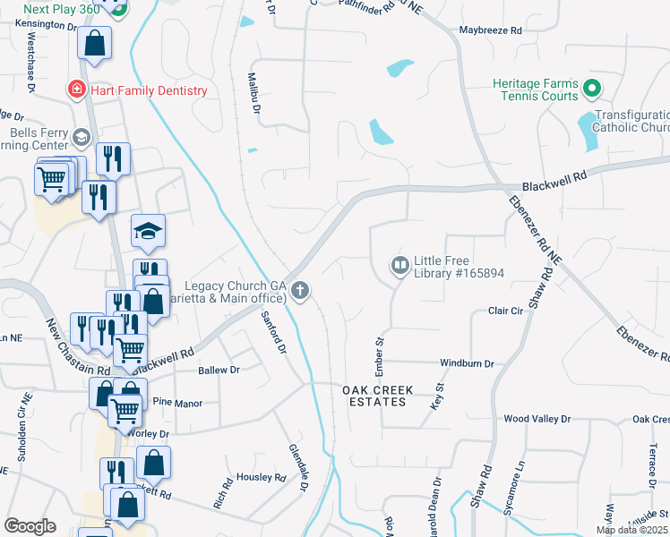 map of restaurants, bars, coffee shops, grocery stores, and more near 3469 Blackwell Way in Marietta