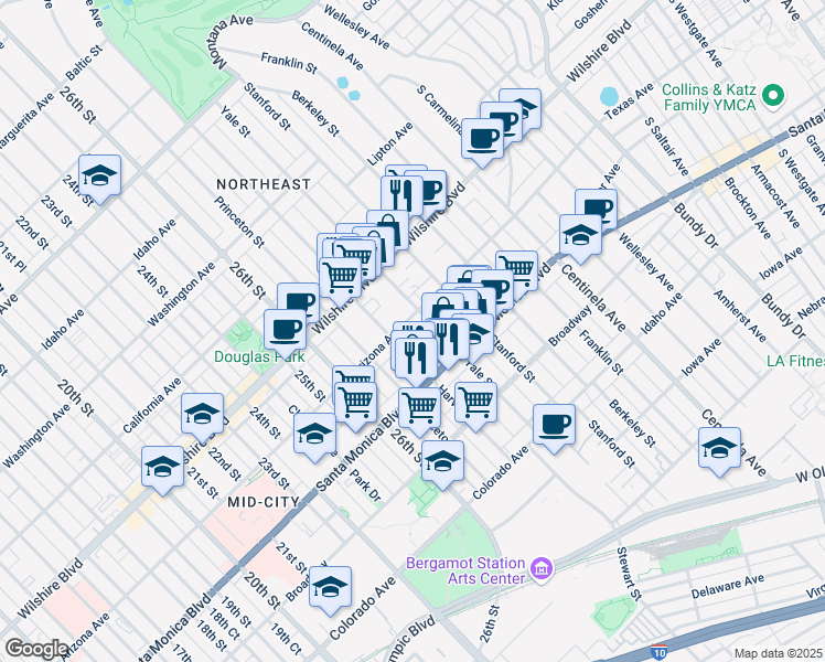 map of restaurants, bars, coffee shops, grocery stores, and more near 2820 Arizona Avenue in Santa Monica