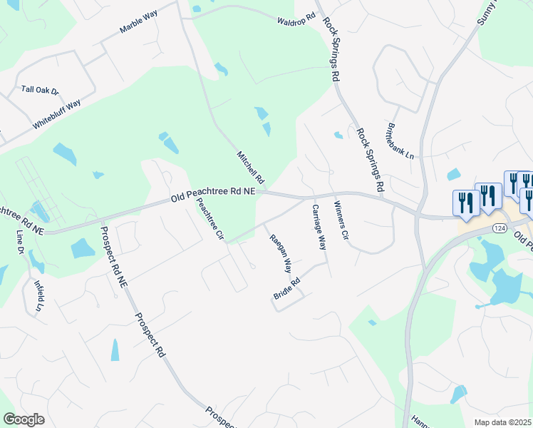 map of restaurants, bars, coffee shops, grocery stores, and more near 1588 Peachtree Circle in Lawrenceville