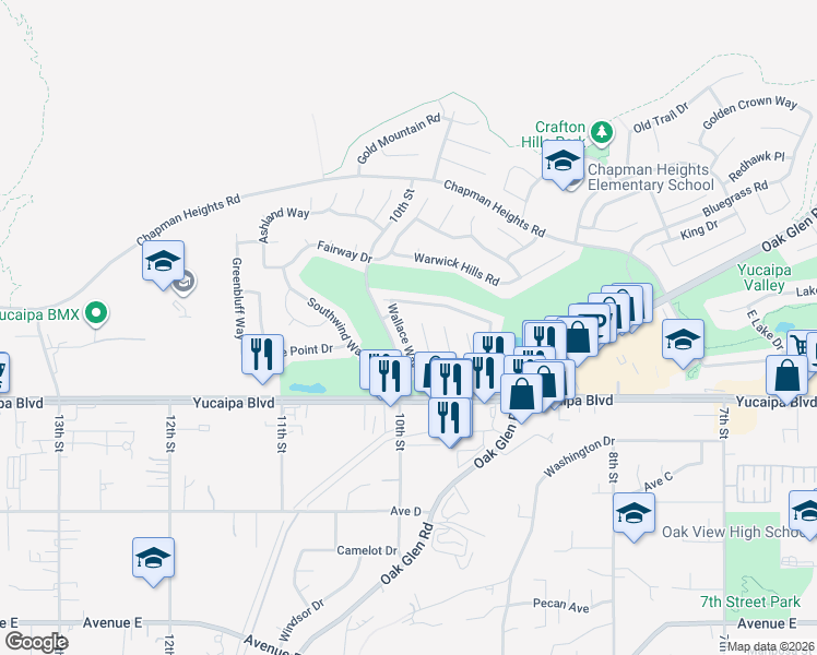 map of restaurants, bars, coffee shops, grocery stores, and more near 33310 Wallace Way in Yucaipa