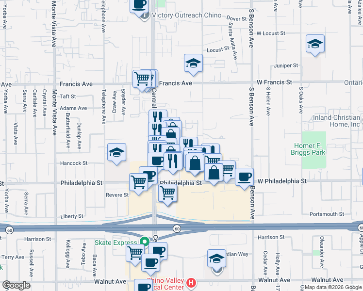 map of restaurants, bars, coffee shops, grocery stores, and more near 11939 Otsego Lane in Chino