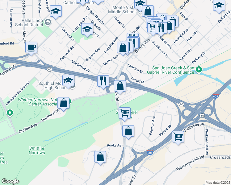 map of restaurants, bars, coffee shops, grocery stores, and more near Peck Rd & Durfee Ave in South El Monte