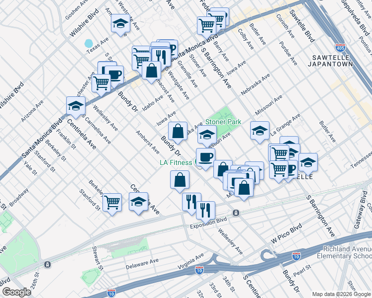 map of restaurants, bars, coffee shops, grocery stores, and more near 1833 Brockton Avenue in Los Angeles