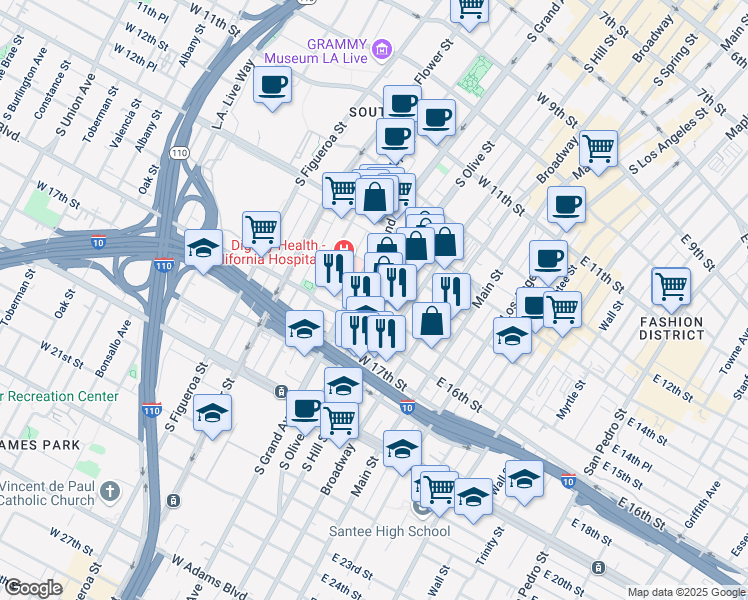 map of restaurants, bars, coffee shops, grocery stores, and more near 302 West 14th Street in Los Angeles