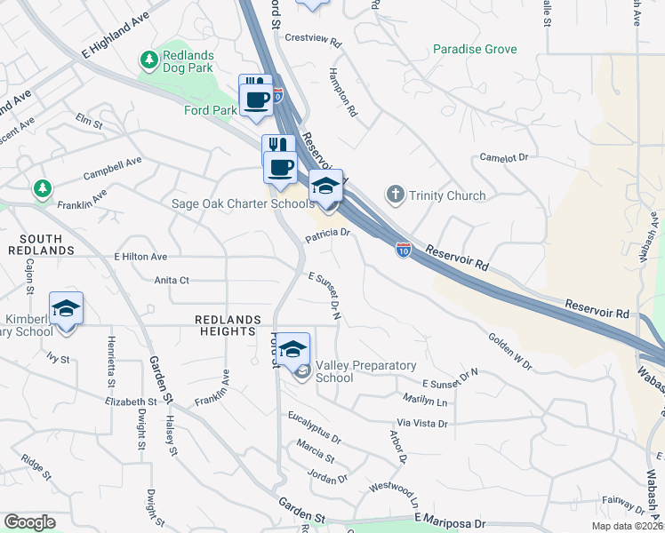 map of restaurants, bars, coffee shops, grocery stores, and more near 1388 Brandon Court in Redlands