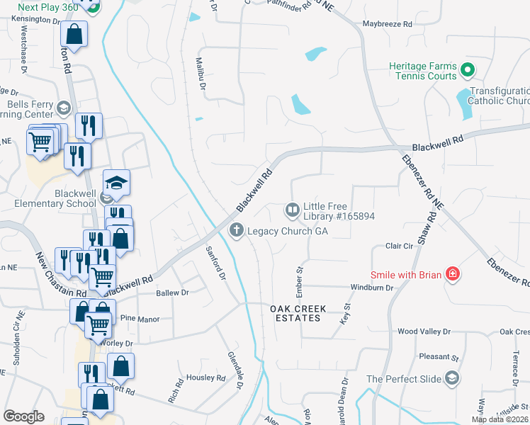 map of restaurants, bars, coffee shops, grocery stores, and more near 3469 Blackwell Way in Marietta