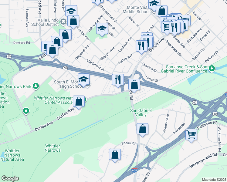 map of restaurants, bars, coffee shops, grocery stores, and more near 6 Eagles Nest Drive in South El Monte