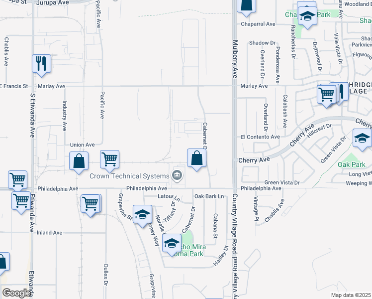 map of restaurants, bars, coffee shops, grocery stores, and more near 11900 Cabernet Drive in Fontana