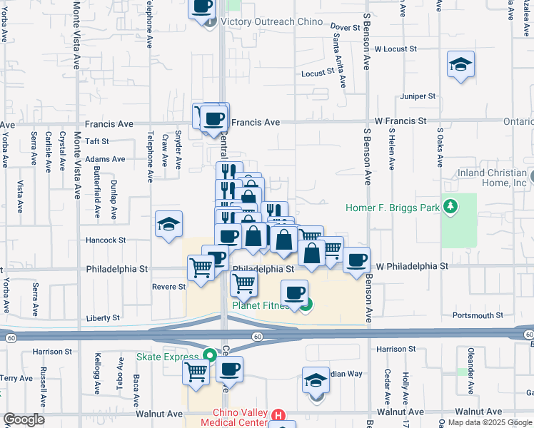 map of restaurants, bars, coffee shops, grocery stores, and more near 5422 Chippewa Court in Chino