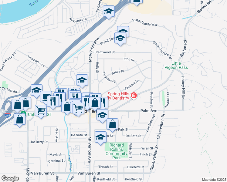 map of restaurants, bars, coffee shops, grocery stores, and more near 22655 Minona Drive in Grand Terrace