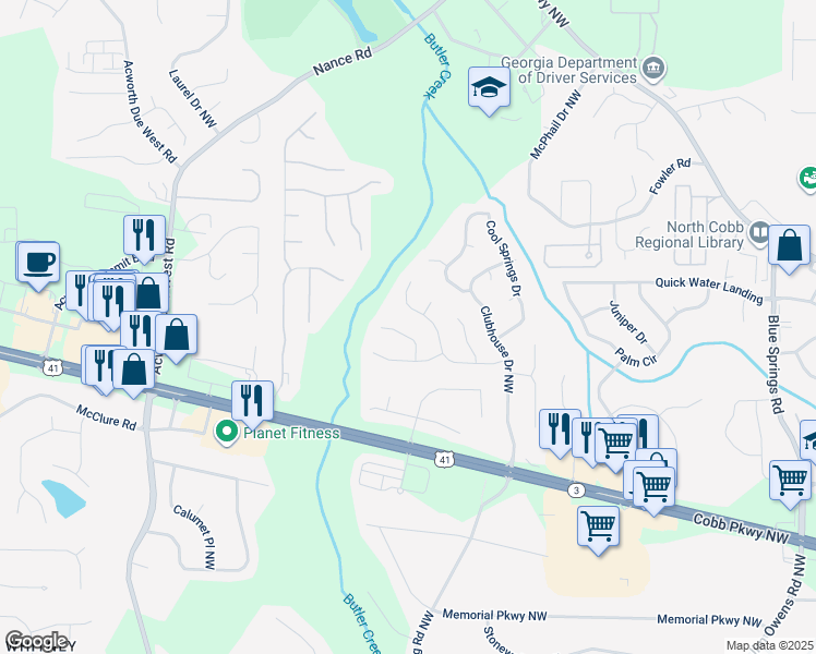map of restaurants, bars, coffee shops, grocery stores, and more near 714 Spring Ridge Court in Kennesaw