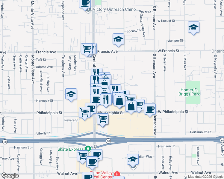 map of restaurants, bars, coffee shops, grocery stores, and more near 5422 Chippewa Court in Chino