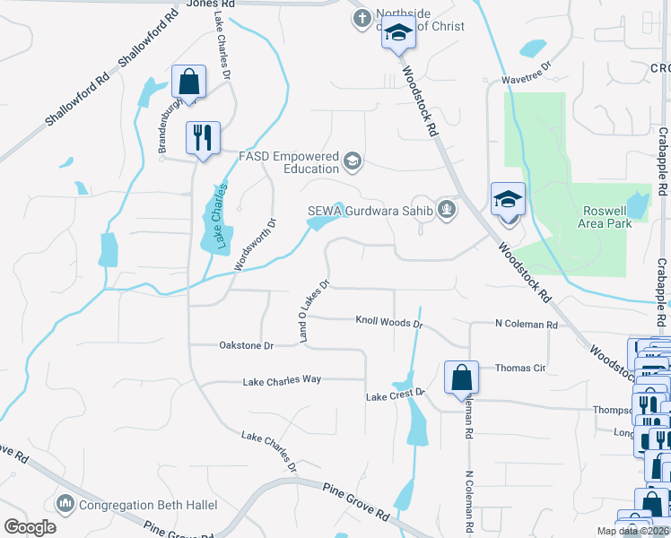 map of restaurants, bars, coffee shops, grocery stores, and more near 1455 Land O Lakes Drive in Roswell