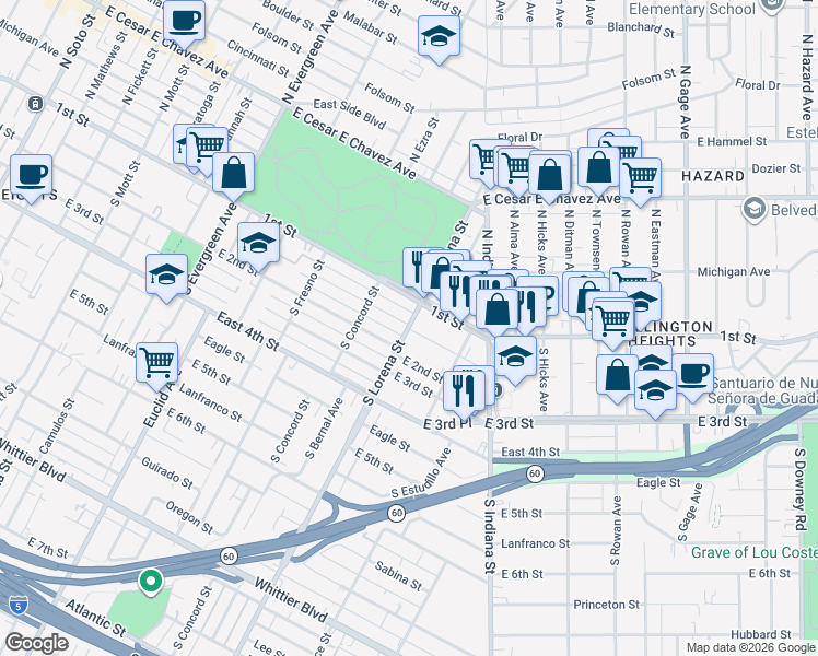 map of restaurants, bars, coffee shops, grocery stores, and more near South Lorena Street & Gleason Avenue in Los Angeles
