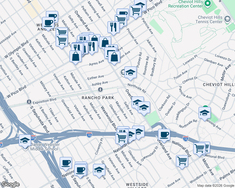 map of restaurants, bars, coffee shops, grocery stores, and more near 2715 Selby Avenue in Los Angeles