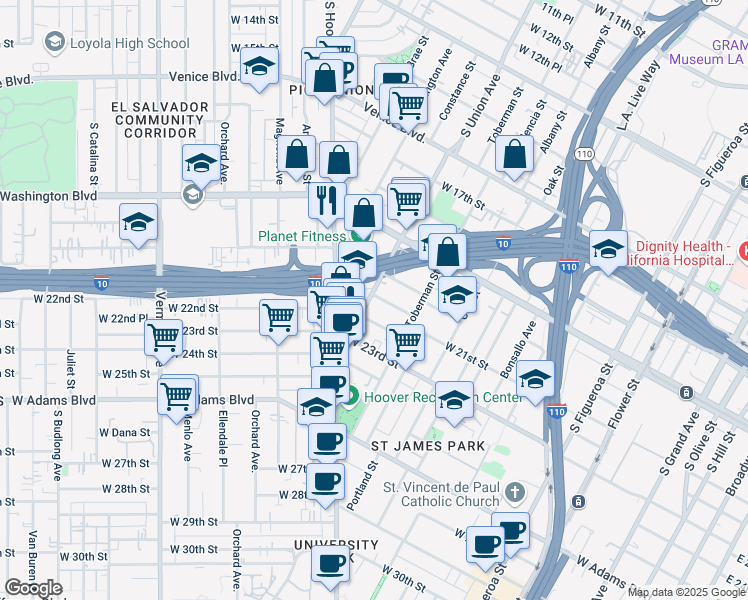 map of restaurants, bars, coffee shops, grocery stores, and more near 2102 South Union Avenue in Los Angeles