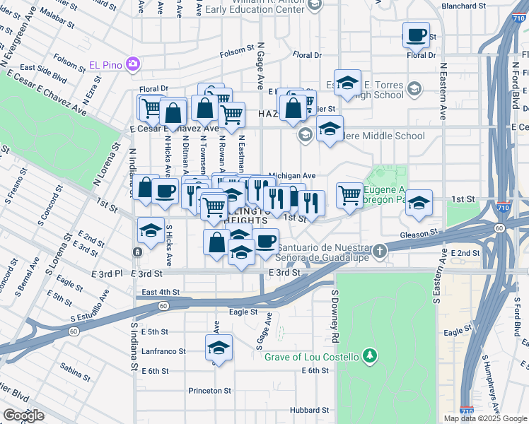 map of restaurants, bars, coffee shops, grocery stores, and more near 112 North Gage Avenue in Los Angeles