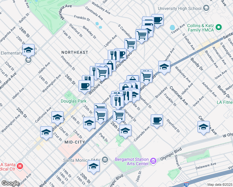 map of restaurants, bars, coffee shops, grocery stores, and more near 2820 Arizona Avenue in Santa Monica