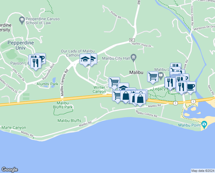 map of restaurants, bars, coffee shops, grocery stores, and more near 23918 De Ville Way in Malibu