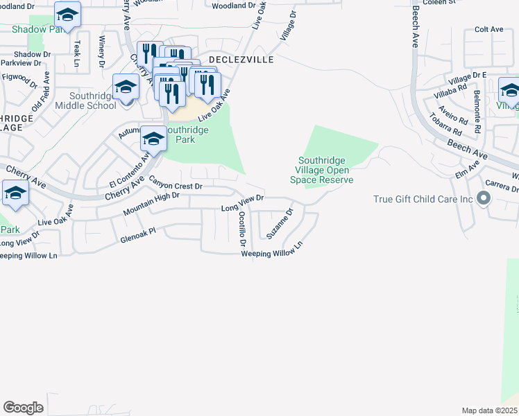 map of restaurants, bars, coffee shops, grocery stores, and more near 14855 Long View Drive in Fontana