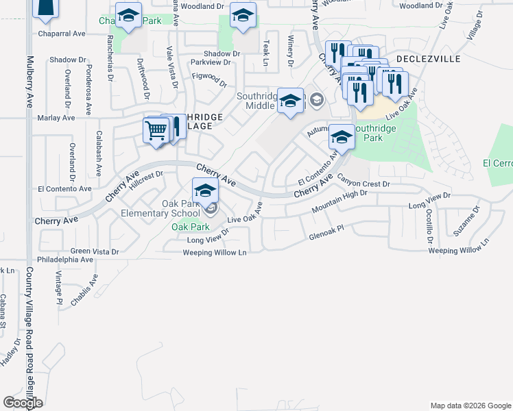 map of restaurants, bars, coffee shops, grocery stores, and more near 14352 Hillcrest Drive in Fontana