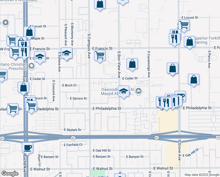 map of restaurants, bars, coffee shops, grocery stores, and more near 2034 South Bon View Avenue in Ontario