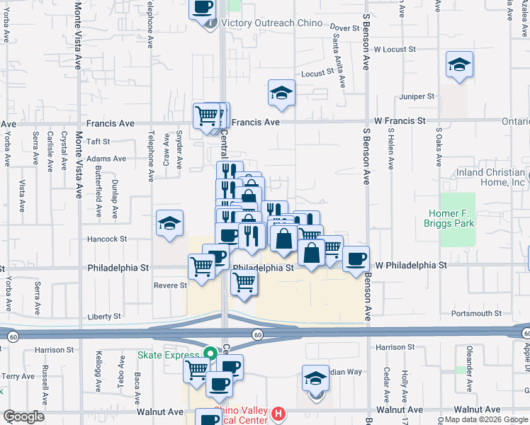 map of restaurants, bars, coffee shops, grocery stores, and more near 11939 Otsego Lane in Chino