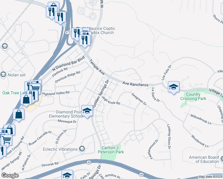 map of restaurants, bars, coffee shops, grocery stores, and more near 1180 Golden Springs Drive in Diamond Bar