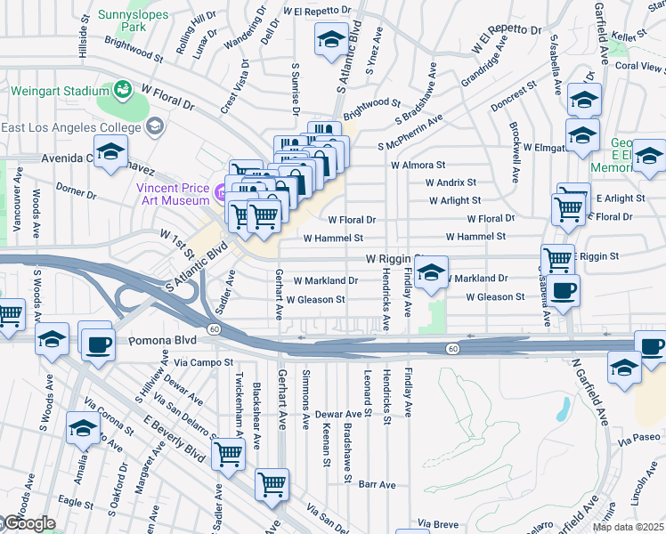 map of restaurants, bars, coffee shops, grocery stores, and more near 614 West Riggin Street in Monterey Park