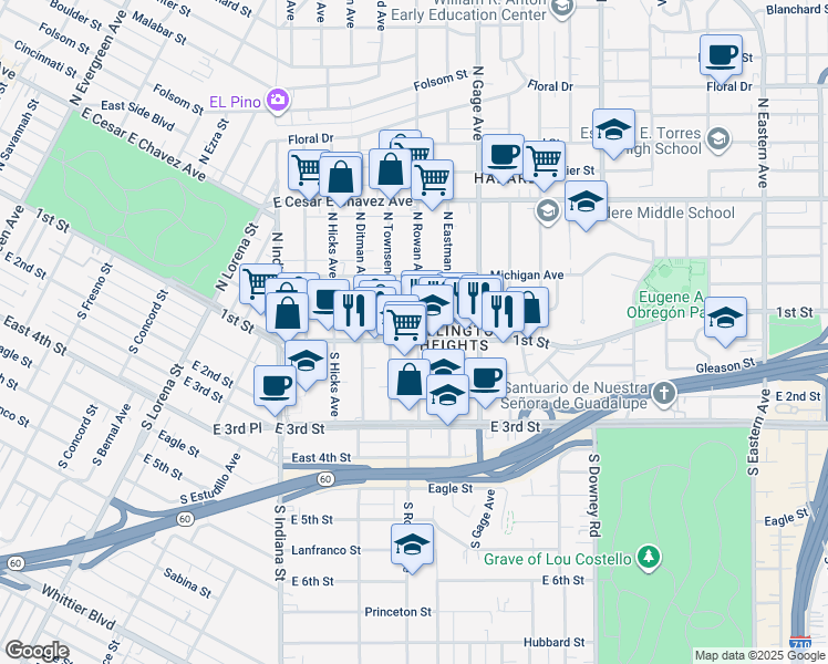 map of restaurants, bars, coffee shops, grocery stores, and more near 3717 East 1st Street in Los Angeles