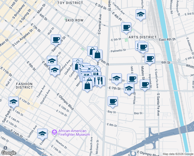 map of restaurants, bars, coffee shops, grocery stores, and more near 1312 East 7th Street in Los Angeles