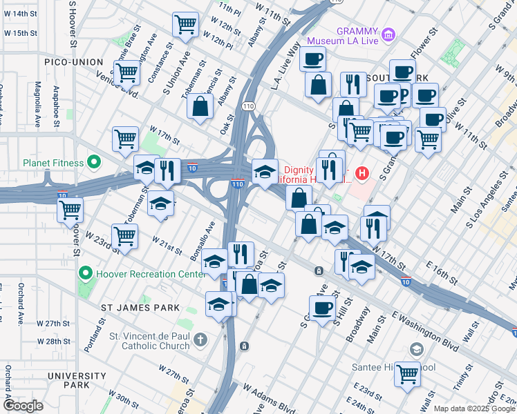 map of restaurants, bars, coffee shops, grocery stores, and more near 626 West 17th Street in Los Angeles
