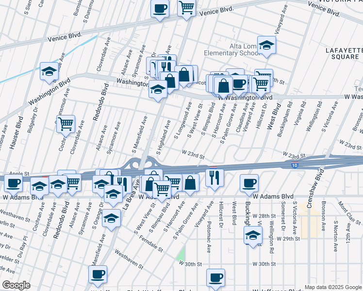map of restaurants, bars, coffee shops, grocery stores, and more near 2216 South Longwood Avenue in Los Angeles