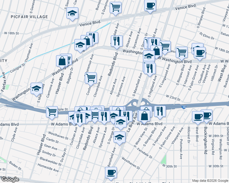 map of restaurants, bars, coffee shops, grocery stores, and more near 2237 South Sycamore Avenue in Los Angeles