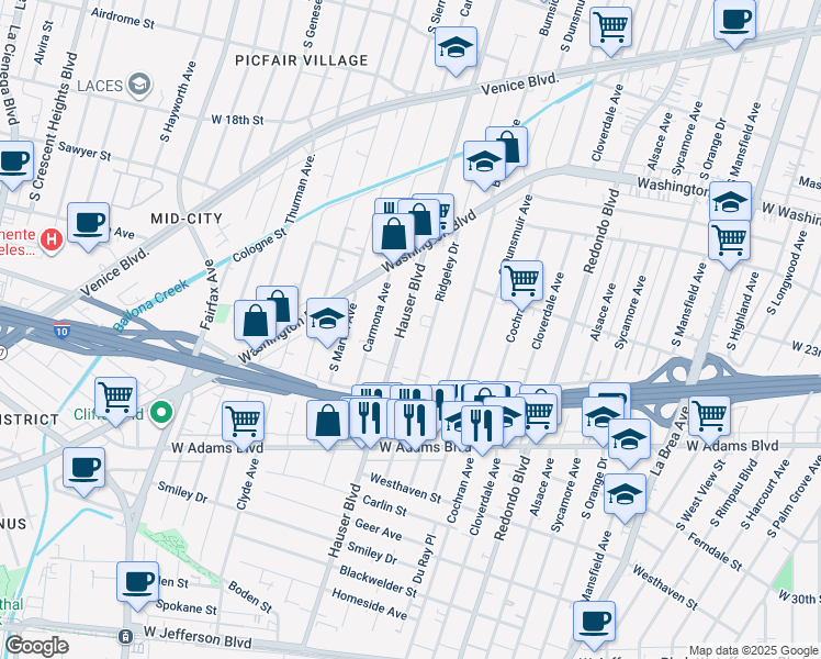 map of restaurants, bars, coffee shops, grocery stores, and more near 2233 South Ridgeley Drive in Los Angeles
