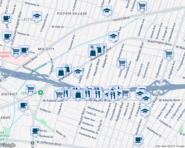 map of restaurants, bars, coffee shops, grocery stores, and more near 2226 Carmona Avenue in Los Angeles