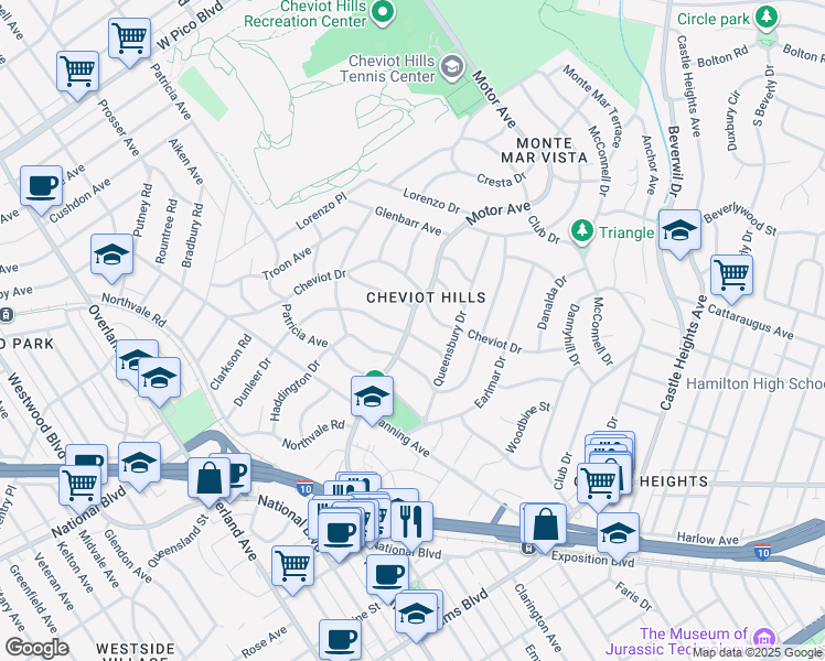map of restaurants, bars, coffee shops, grocery stores, and more near 3024 Motor Avenue in Los Angeles