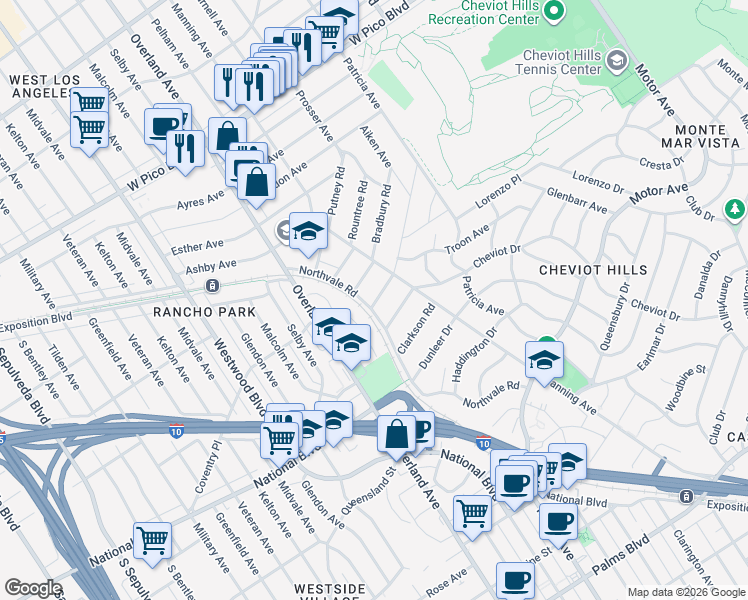 map of restaurants, bars, coffee shops, grocery stores, and more near 10631 Butterfield Road in Los Angeles