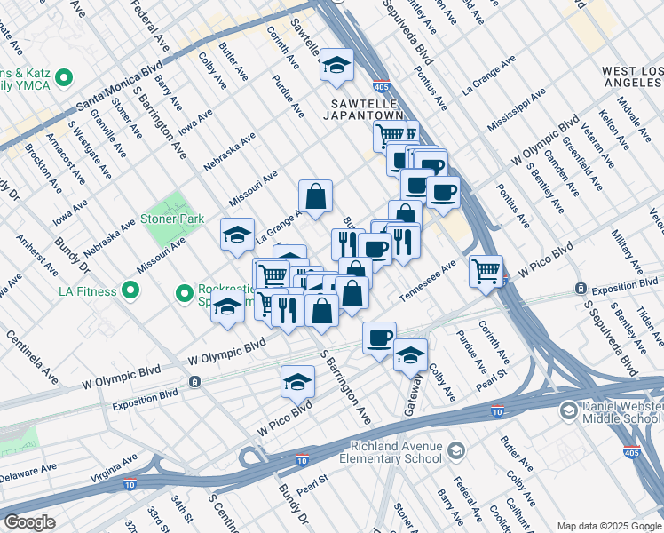 map of restaurants, bars, coffee shops, grocery stores, and more near 2125 Colby Avenue in Los Angeles