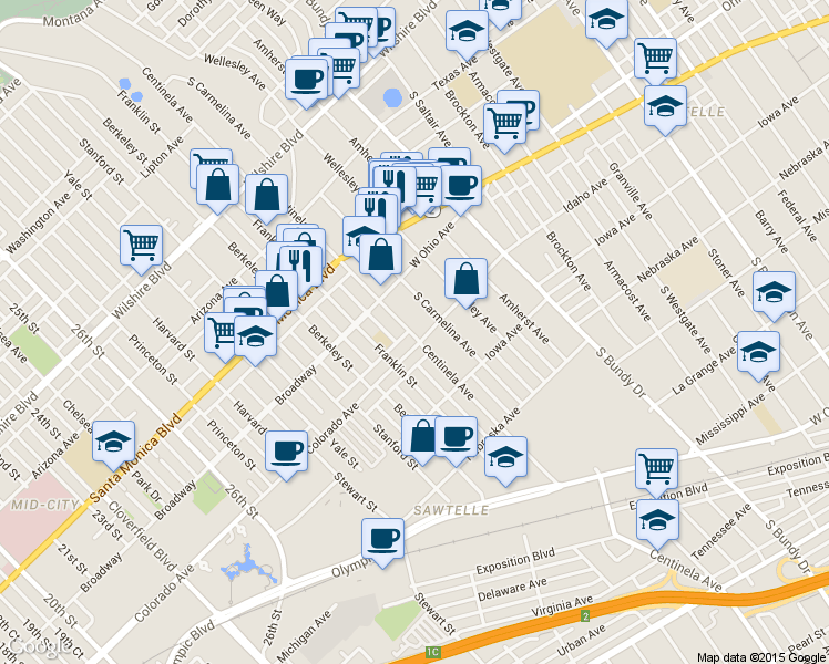 map of restaurants, bars, coffee shops, grocery stores, and more near 1535 Centinela Avenue in Los Angeles