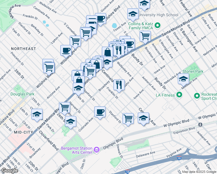 map of restaurants, bars, coffee shops, grocery stores, and more near 1503 Franklin Street in Santa Monica