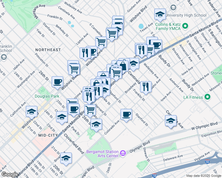 map of restaurants, bars, coffee shops, grocery stores, and more near 3012 Santa Monica Boulevard in Santa Monica