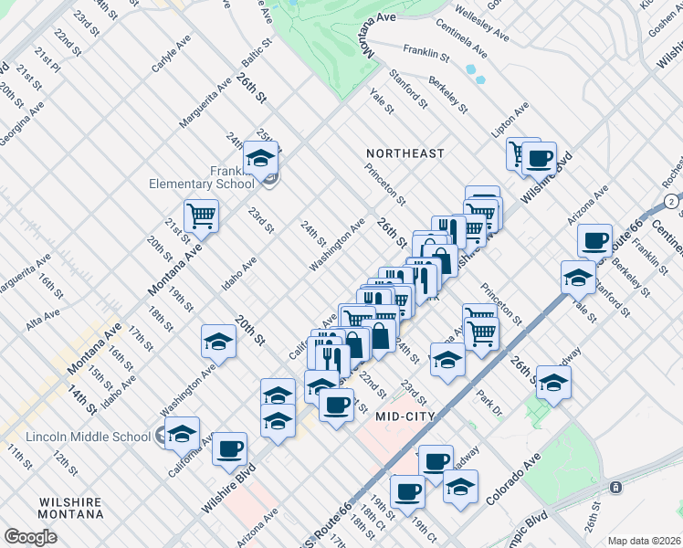 map of restaurants, bars, coffee shops, grocery stores, and more near 1025 24th Street in Santa Monica