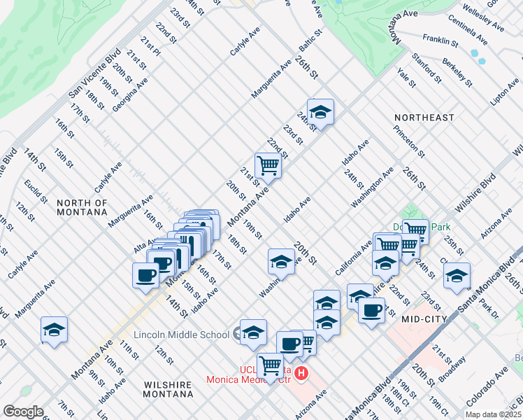 map of restaurants, bars, coffee shops, grocery stores, and more near 1932 Montana Avenue in Santa Monica