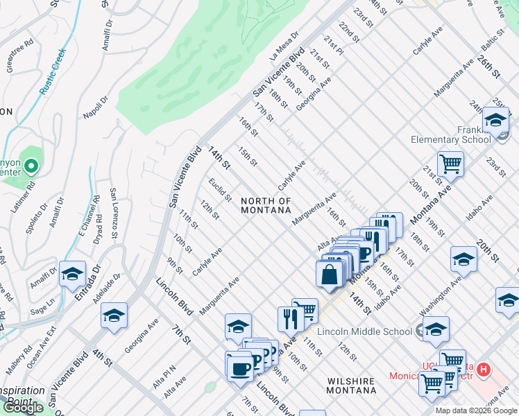 map of restaurants, bars, coffee shops, grocery stores, and more near 401 14th Street in Santa Monica