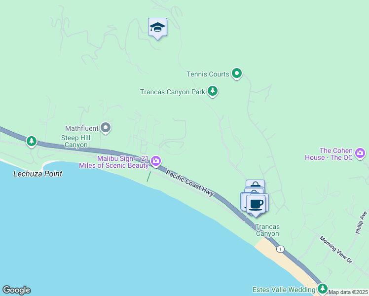 map of restaurants, bars, coffee shops, grocery stores, and more near 31203 Bailard Road in Malibu