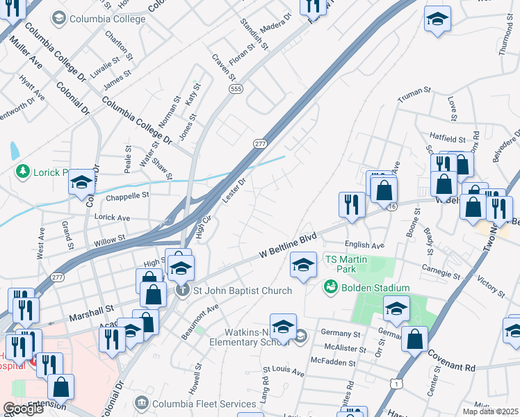 map of restaurants, bars, coffee shops, grocery stores, and more near 2102 Bailey Street in Columbia