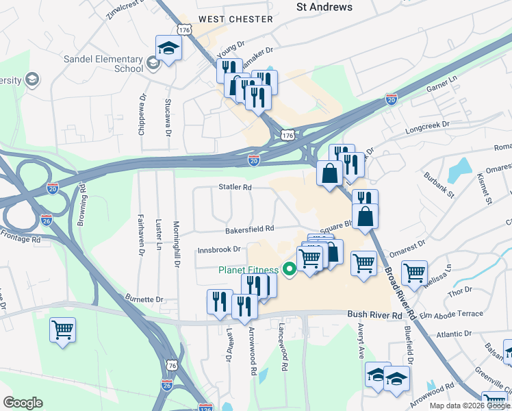 map of restaurants, bars, coffee shops, grocery stores, and more near 1119 Shirlington Road in Columbia
