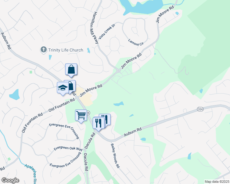 map of restaurants, bars, coffee shops, grocery stores, and more near Amberly Glen Way in Gwinnett County